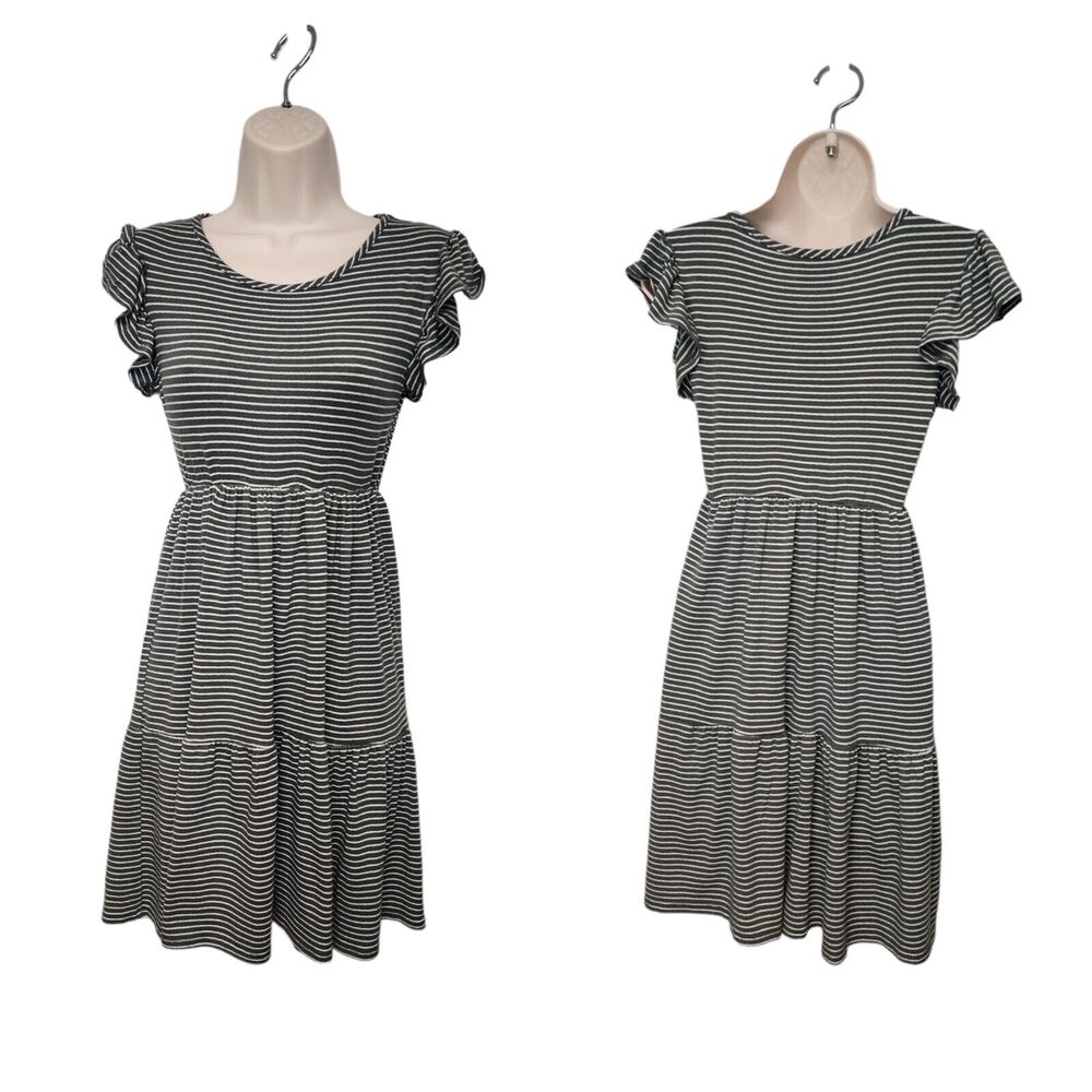 Olivia Rae Girls Knit Tan/Black Stripe Ruffled Short Sleeve Rayon/Spand XS